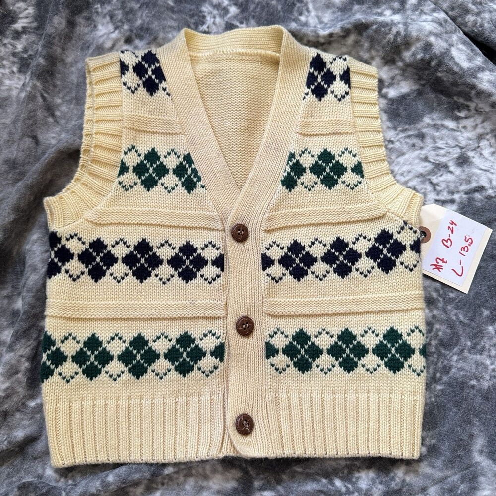 Knit Sweater Vest Argyle Fair Isle Navy Green Preppy Sony Pictures 1970s Vintage